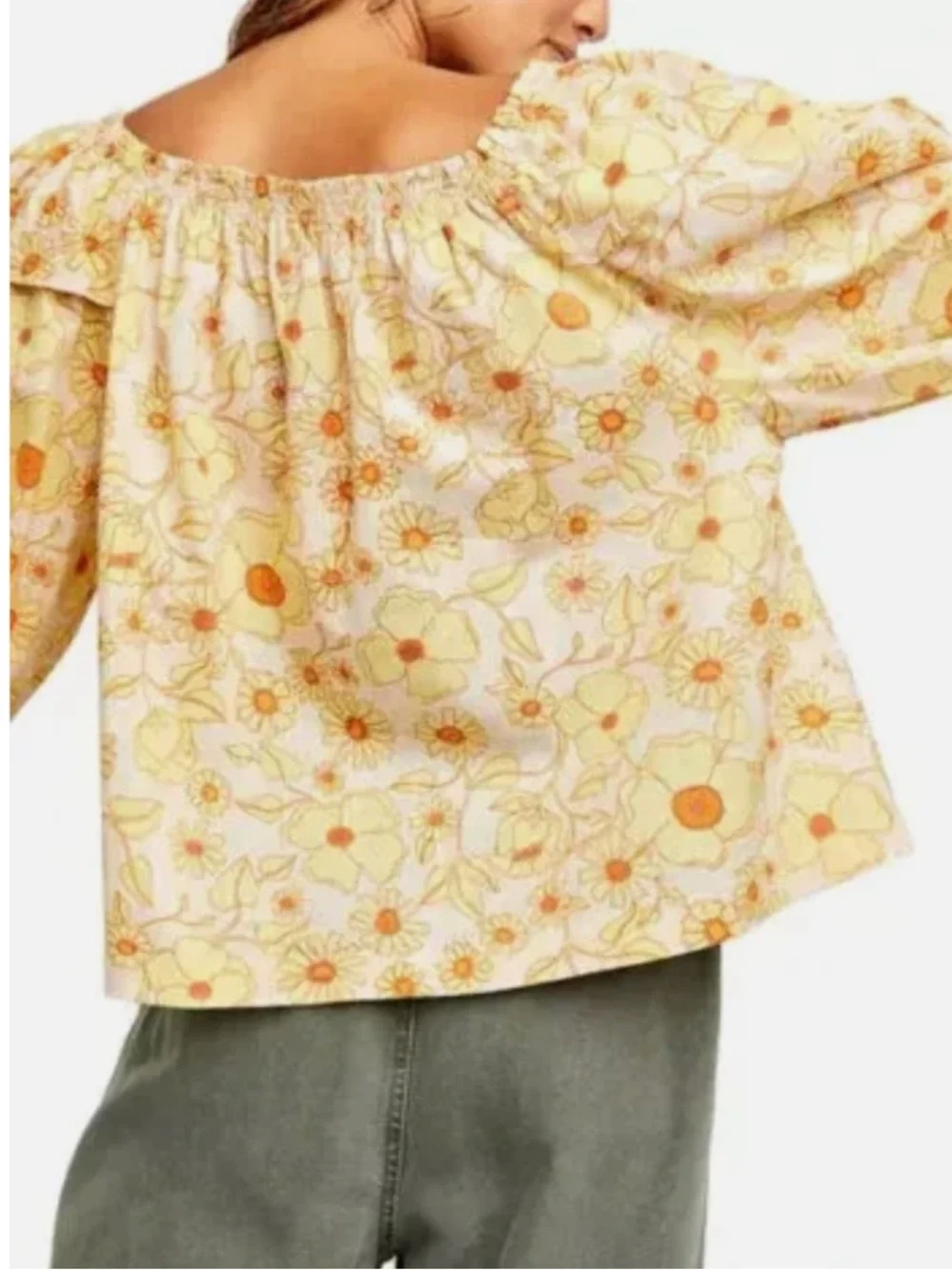 Free People Miss Daisy Floral Off-Shoulder Yellow and Brown Peasant Top Size S